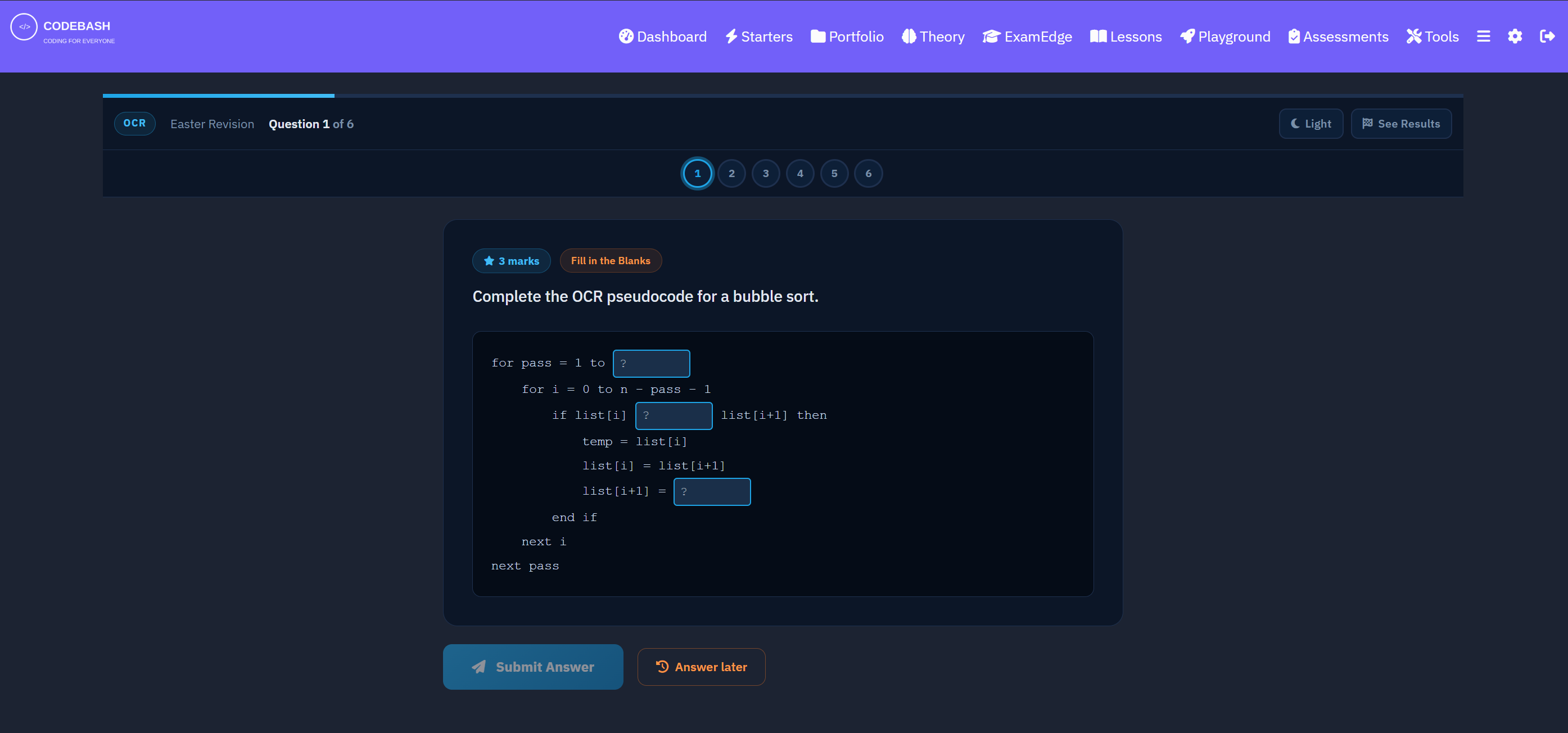 Student answering a fill-in-the-blank pseudocode question