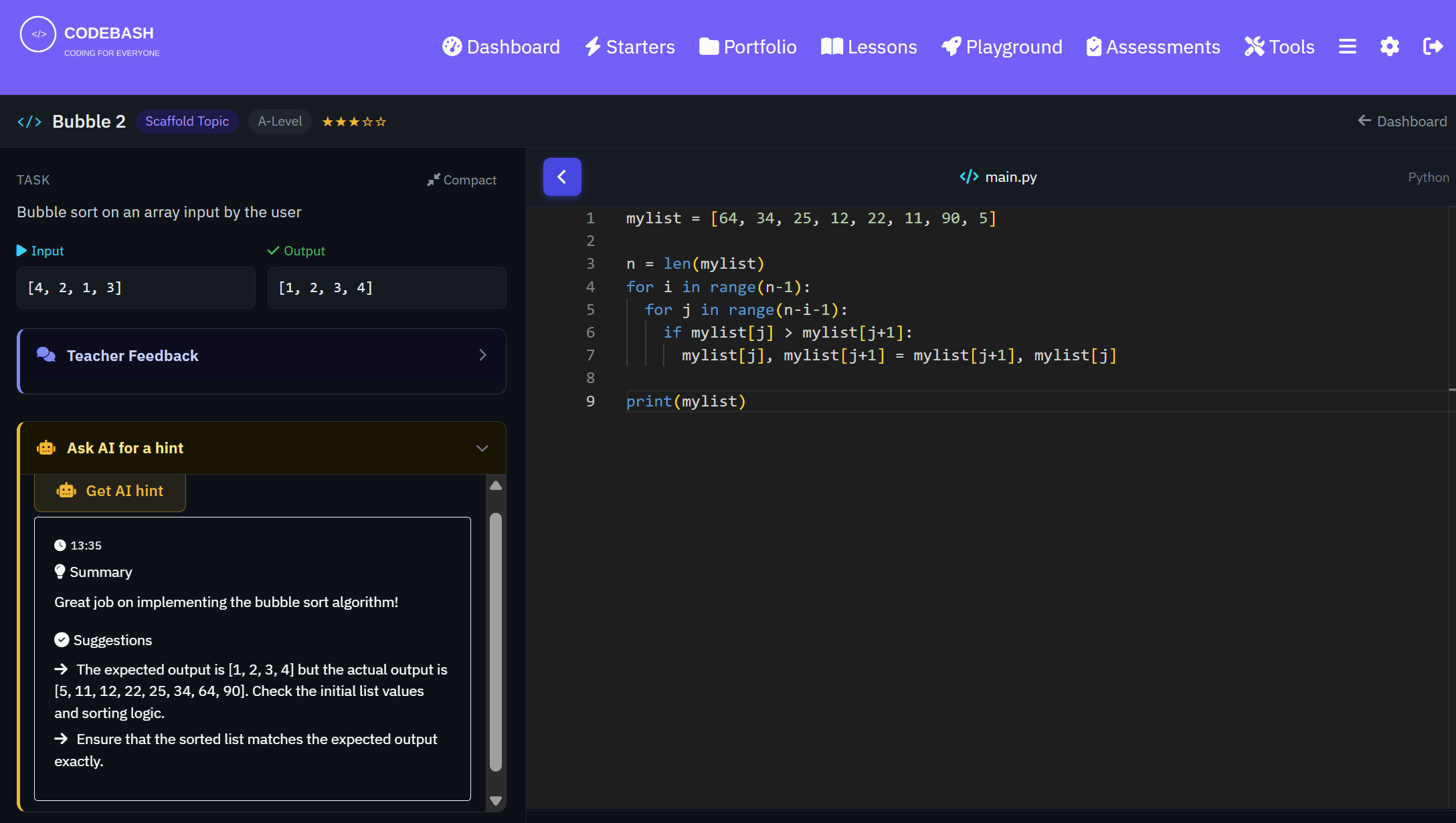 AI feedback panel