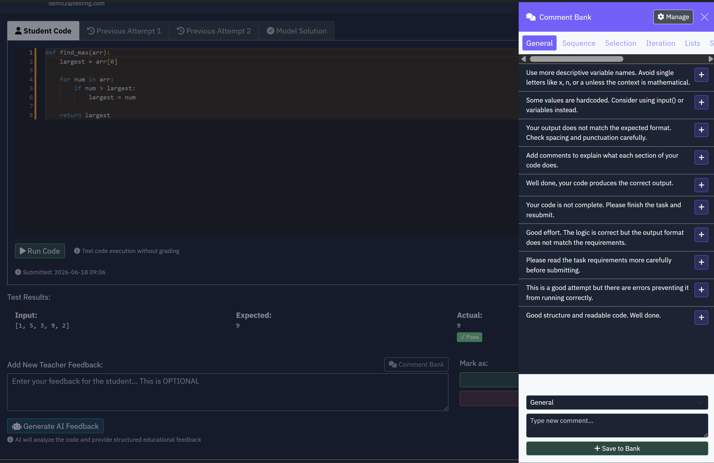 Feedback comment bank
