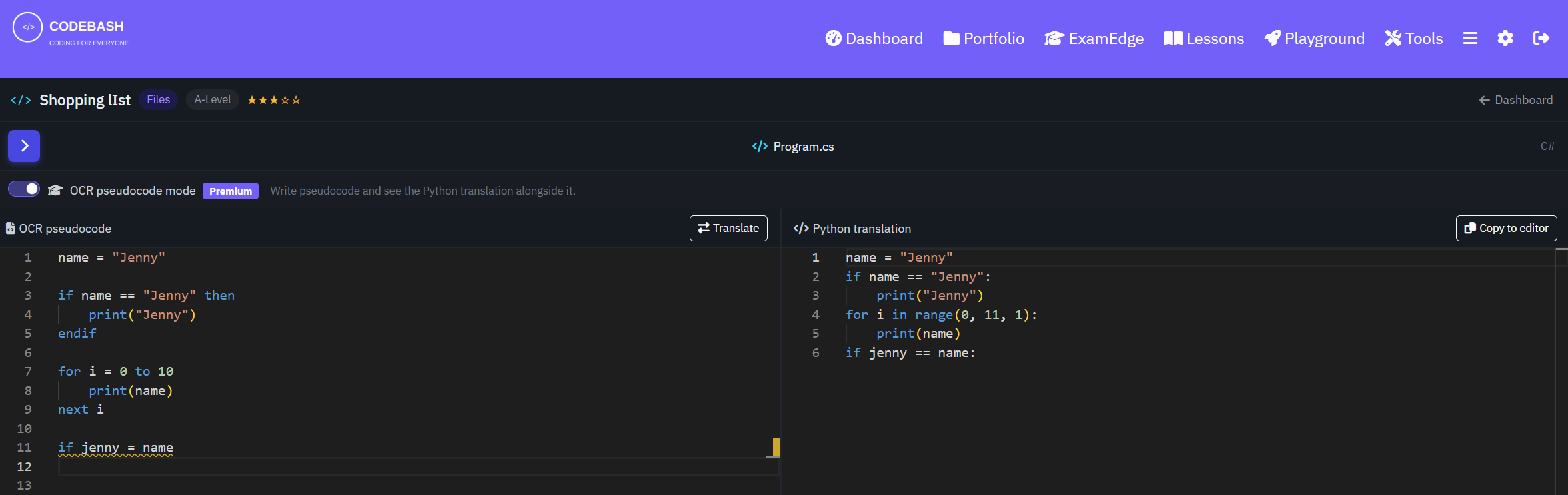 Pseudocode practice mode